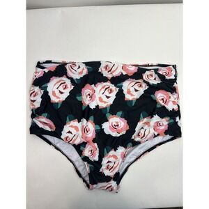 High Waist Bikini Bottom Black White Pink Floral Womens Size XXL Nylon Blend